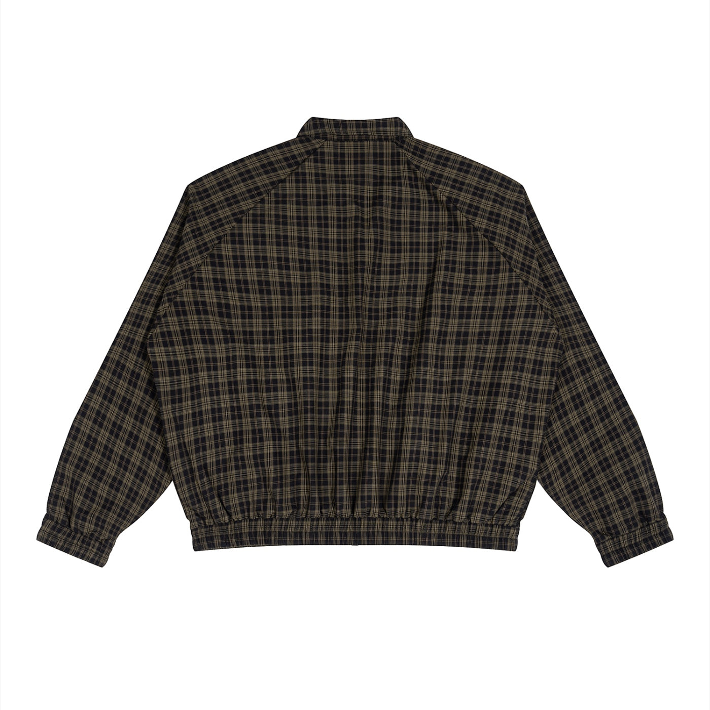 Back view of Anointed Garments plaid zip up jacket in dark brown and black cotton blend with elastic hem and cuffs