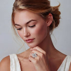 Anointed Garments Prismatic Bloom moissanite ring with a floral design on a woman wearing a white dress