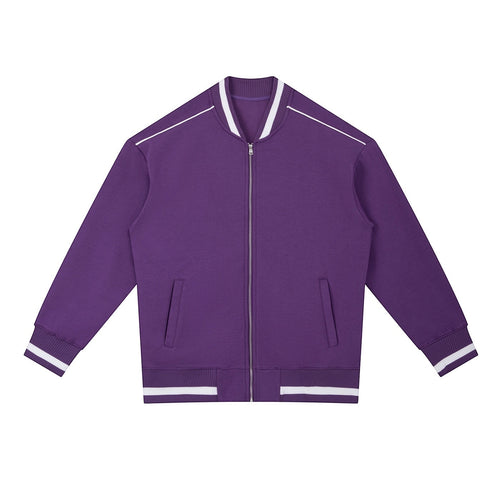 Anointed Garments purple bomber jacket with white striped trim, stand collar, zipper closure, and long sleeves.