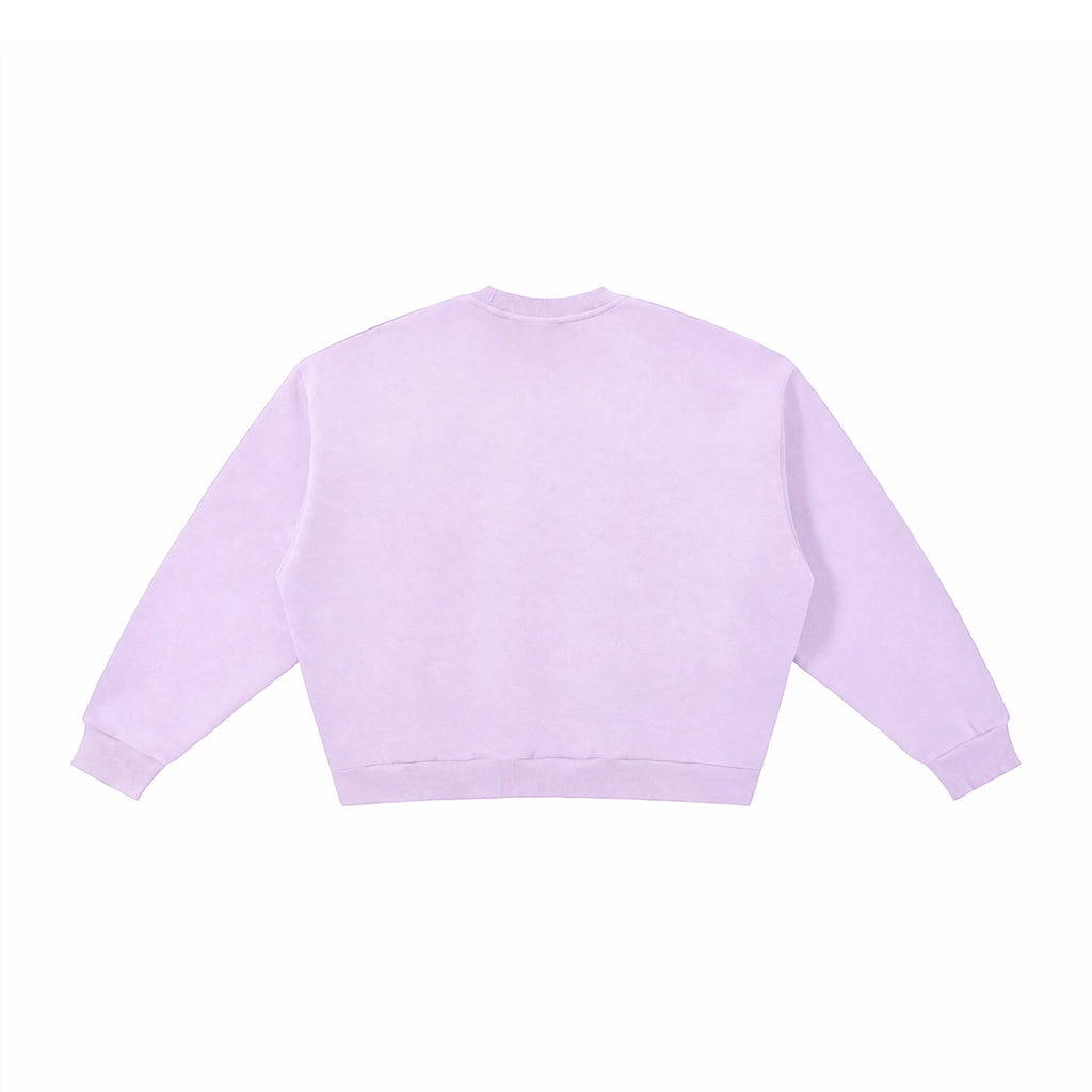 Back view of a light purple Anointed Garments crewneck sweatshirt with a relaxed fit and ribbed cuffs.