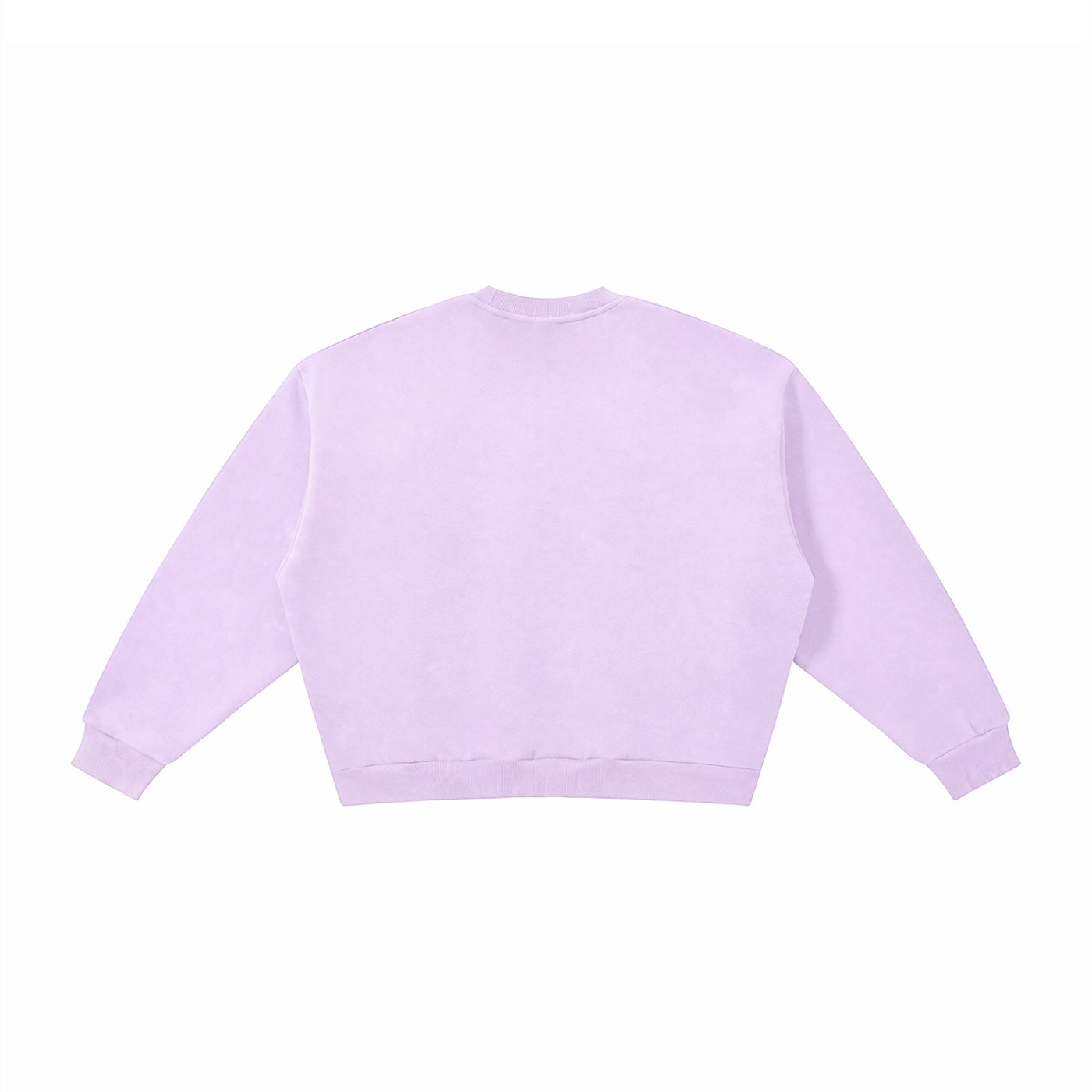 Back view of a light purple Anointed Garments crewneck sweatshirt with a relaxed fit and ribbed cuffs.