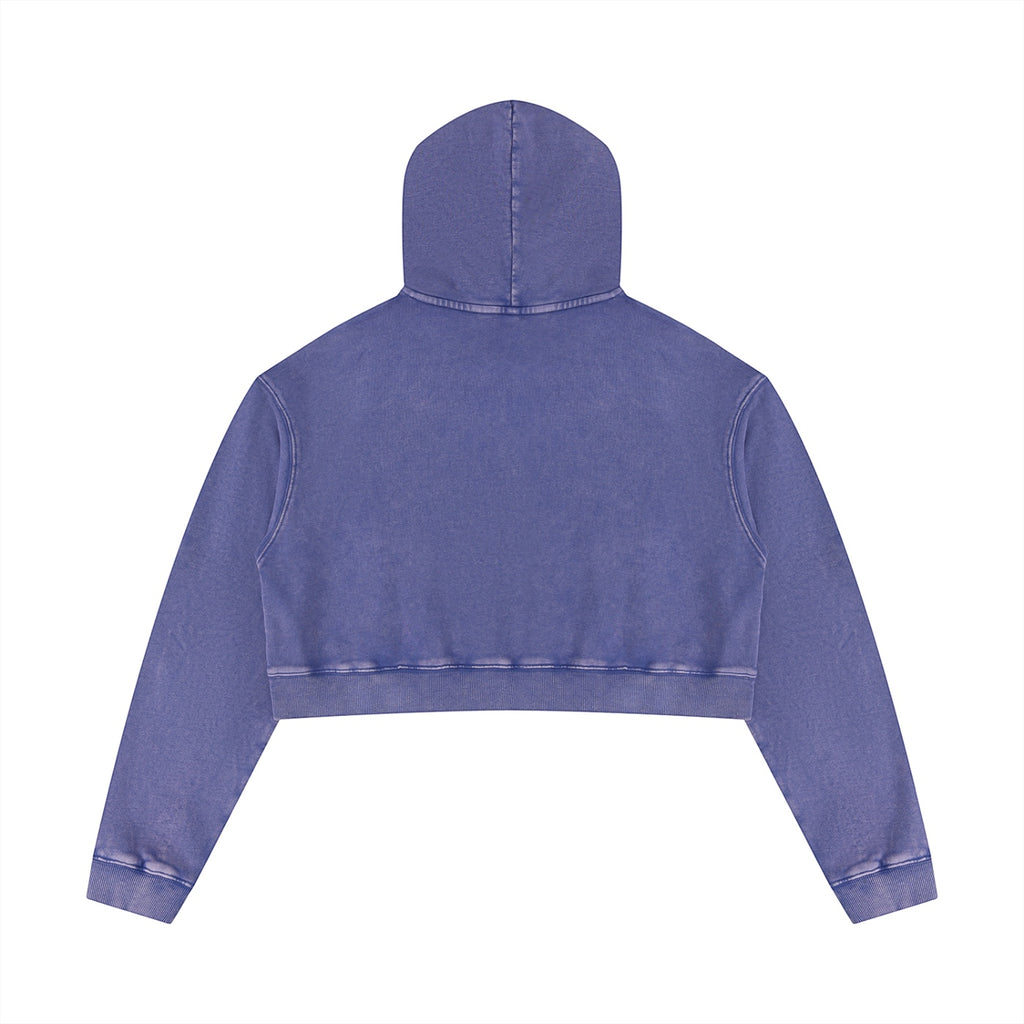Anointed Garments purple mineral wash cropped pullover hoodie with a relaxed fit and long sleeves, back view.