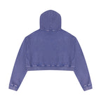 Anointed Garments purple mineral wash cropped pullover hoodie with a relaxed fit and long sleeves, back view.