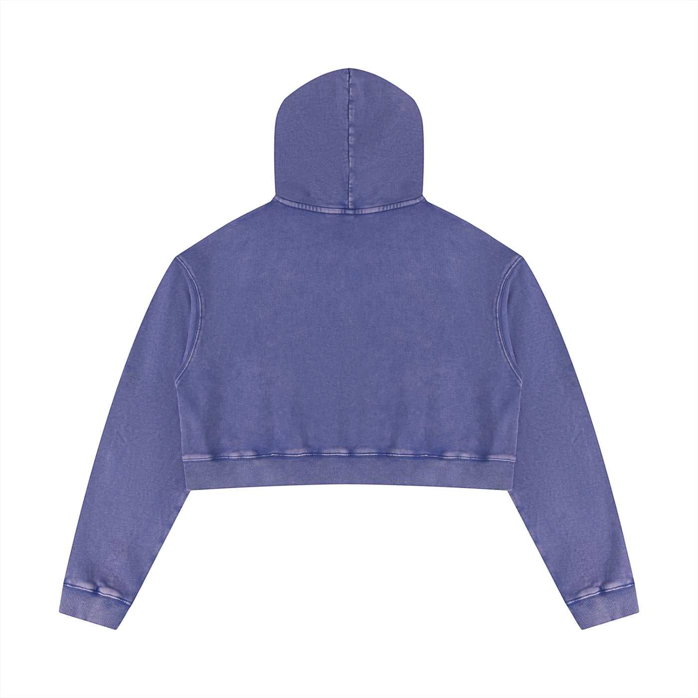 Anointed Garments purple mineral wash cropped pullover hoodie with a relaxed fit and long sleeves, back view.