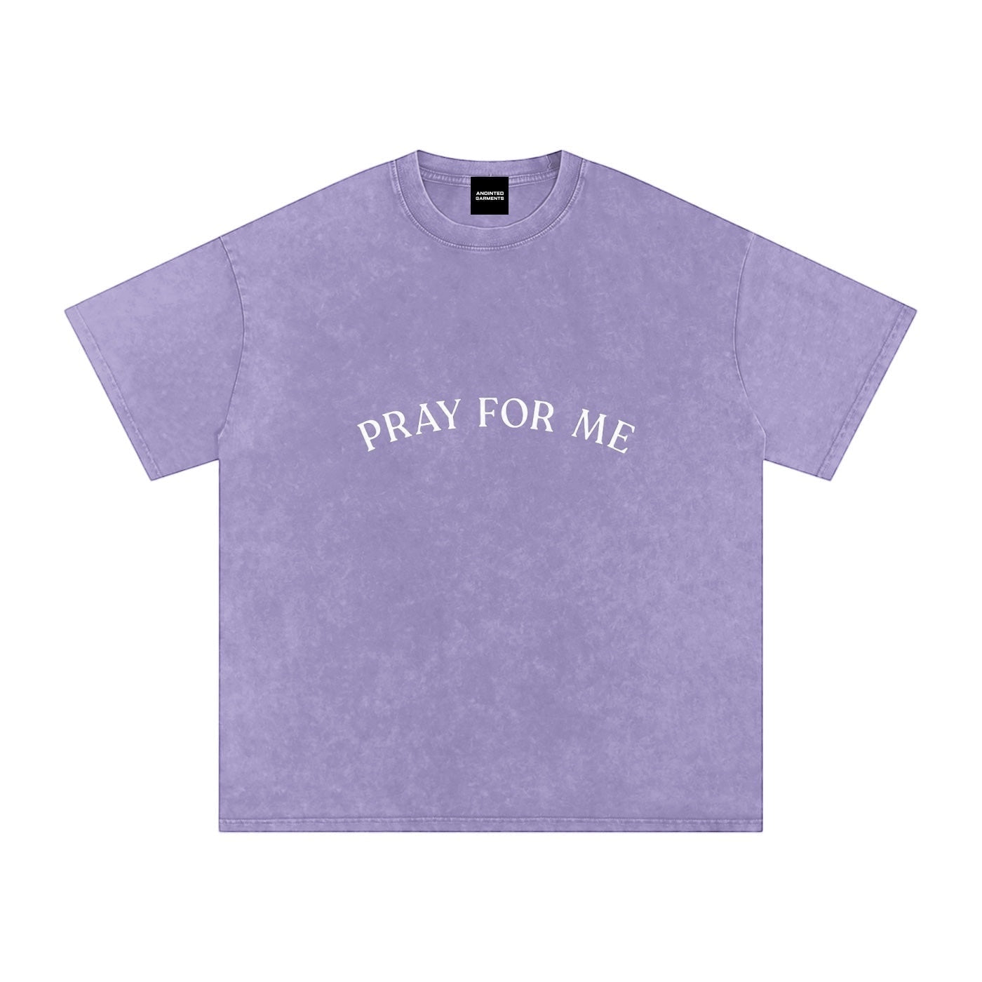 Anointed Garments purple mineral-wash cotton t-shirt with arched PRAY FOR ME graphic text on the chest