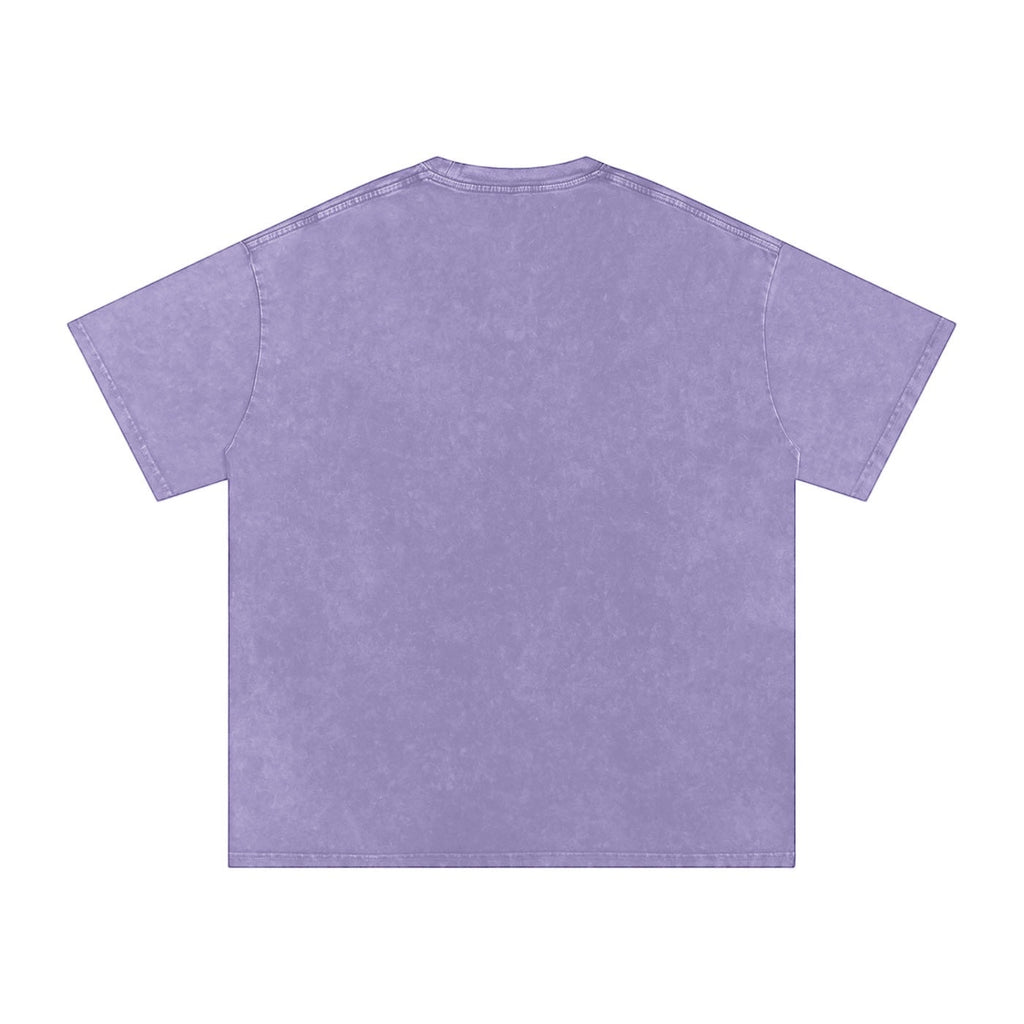 Anointed Garments purple mineral-wash heavyweight cotton t-shirt, back view with a relaxed drop-shoulder fit.