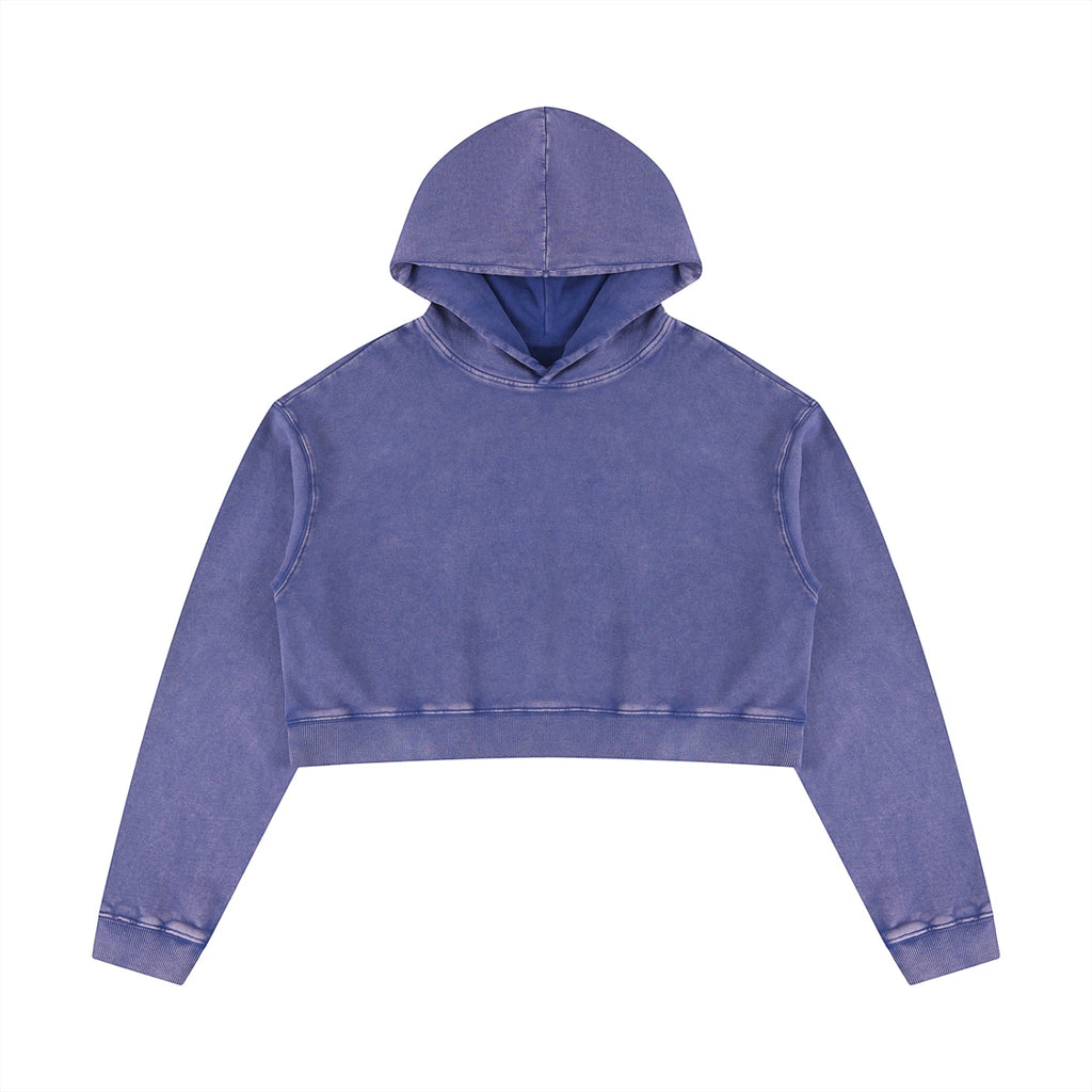 Anointed Garments women's purple mineral washed crop hoodie in 100% cotton with drop shoulders and long sleeves.
