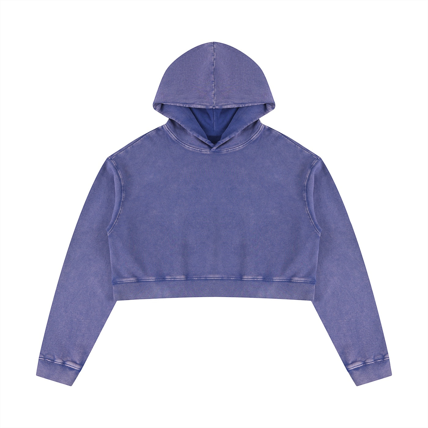 Anointed Garments women's purple mineral washed crop hoodie in 100% cotton with drop shoulders and long sleeves.