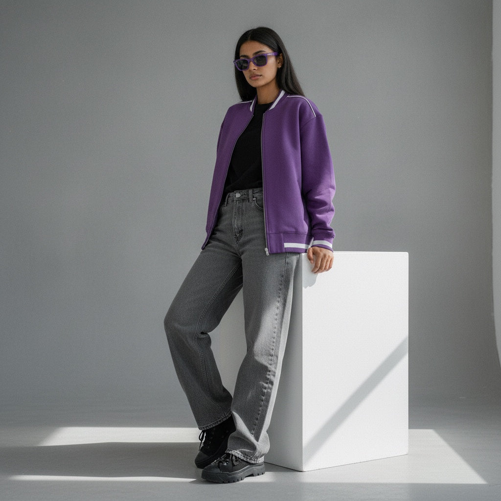 Model wearing Anointed Garments purple varsity jacket with white striped trim, grey jeans, and sunglasses.