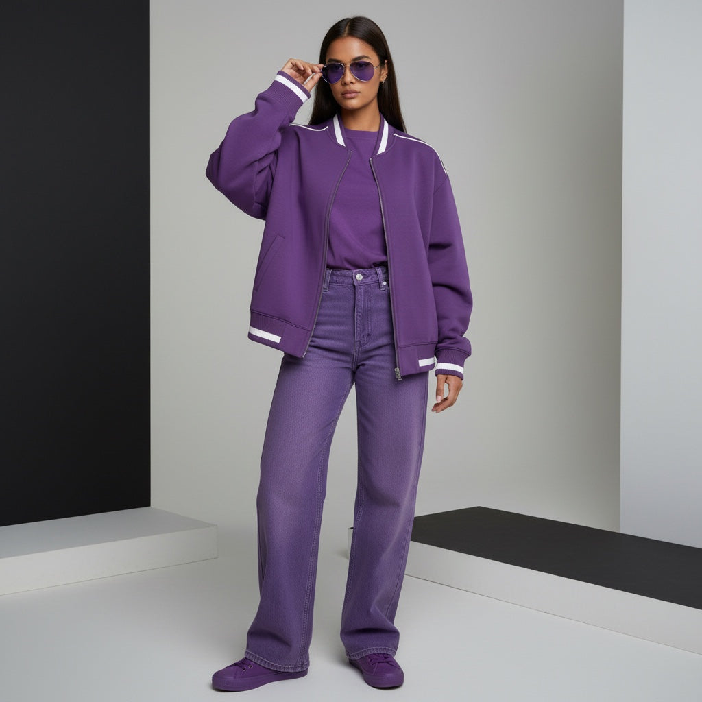 Model wearing an Anointed Garments purple varsity jacket with white striped trim, matching jeans, and sunglasses.