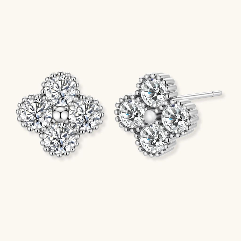 Anointed Garments platinum-plated sterling silver quatrefoil stud earrings featuring brilliant moissanite stones.