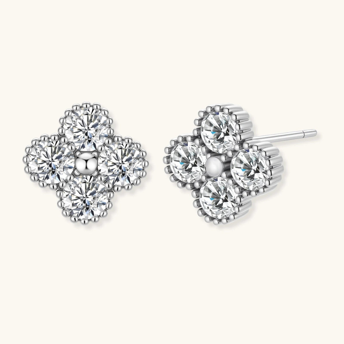 Anointed Garments platinum-plated sterling silver quatrefoil stud earrings featuring brilliant moissanite stones.