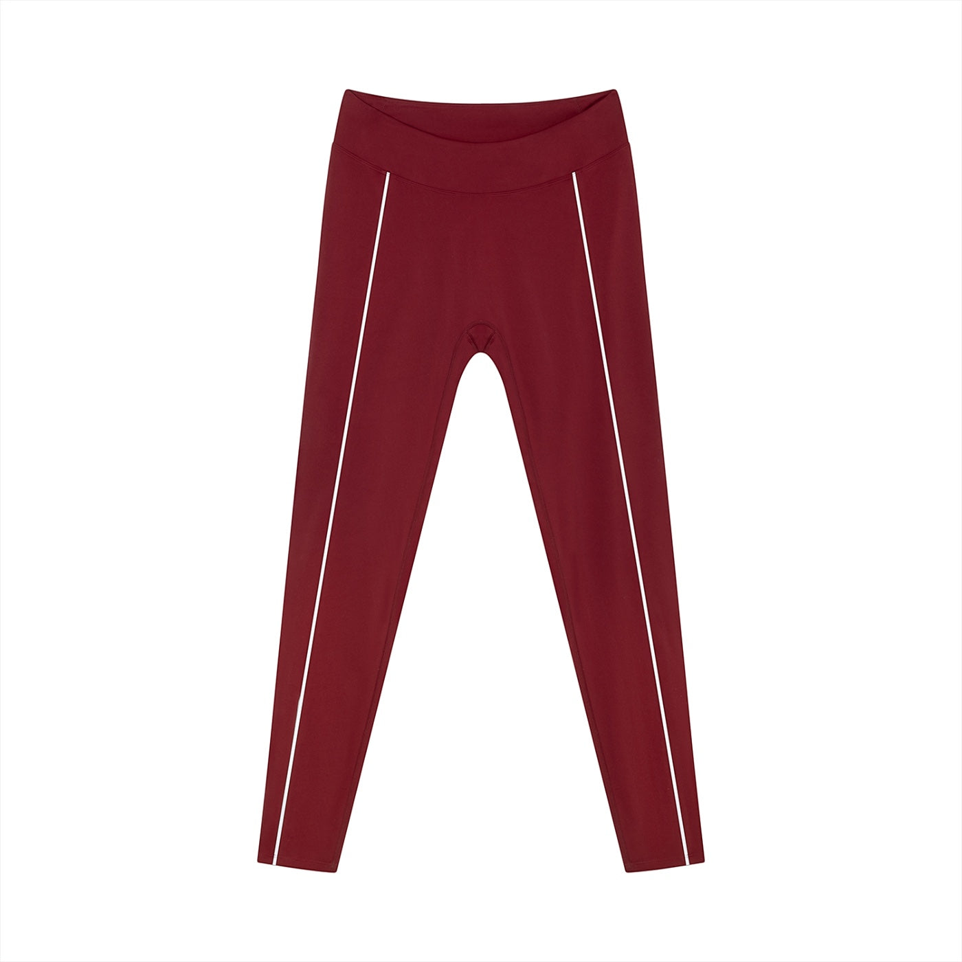 Anointed Garments athletic performance leggings in deep red with white contrast side-stripe detailing.