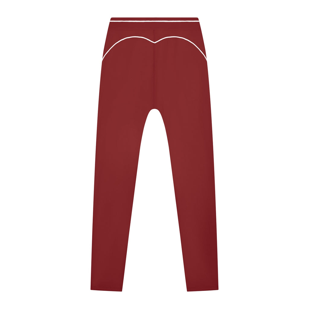 Anointed Garments high-waisted performance athletic leggings in deep red with white contrast piping, back view.