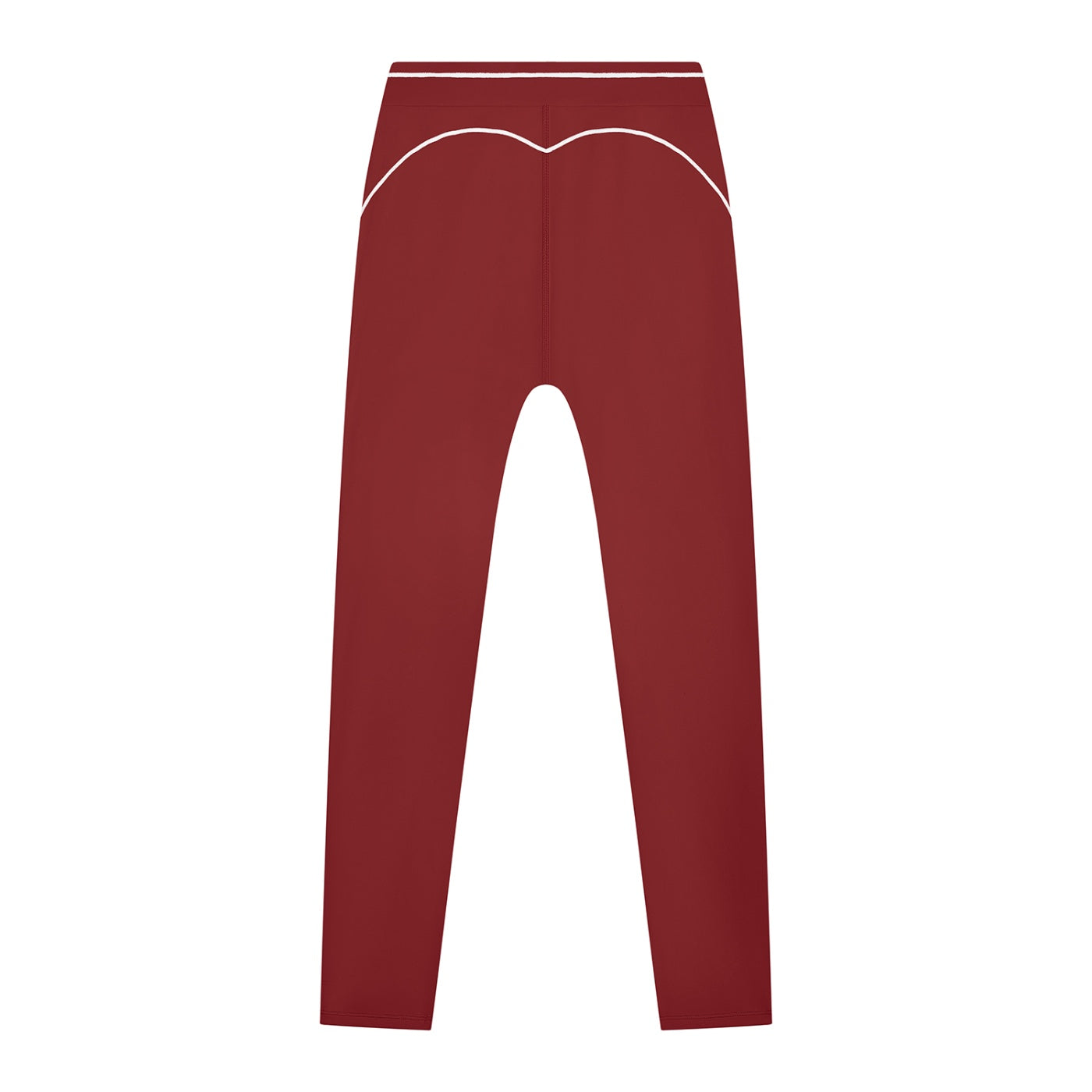 Anointed Garments high-waisted performance athletic leggings in deep red with white contrast piping, back view.