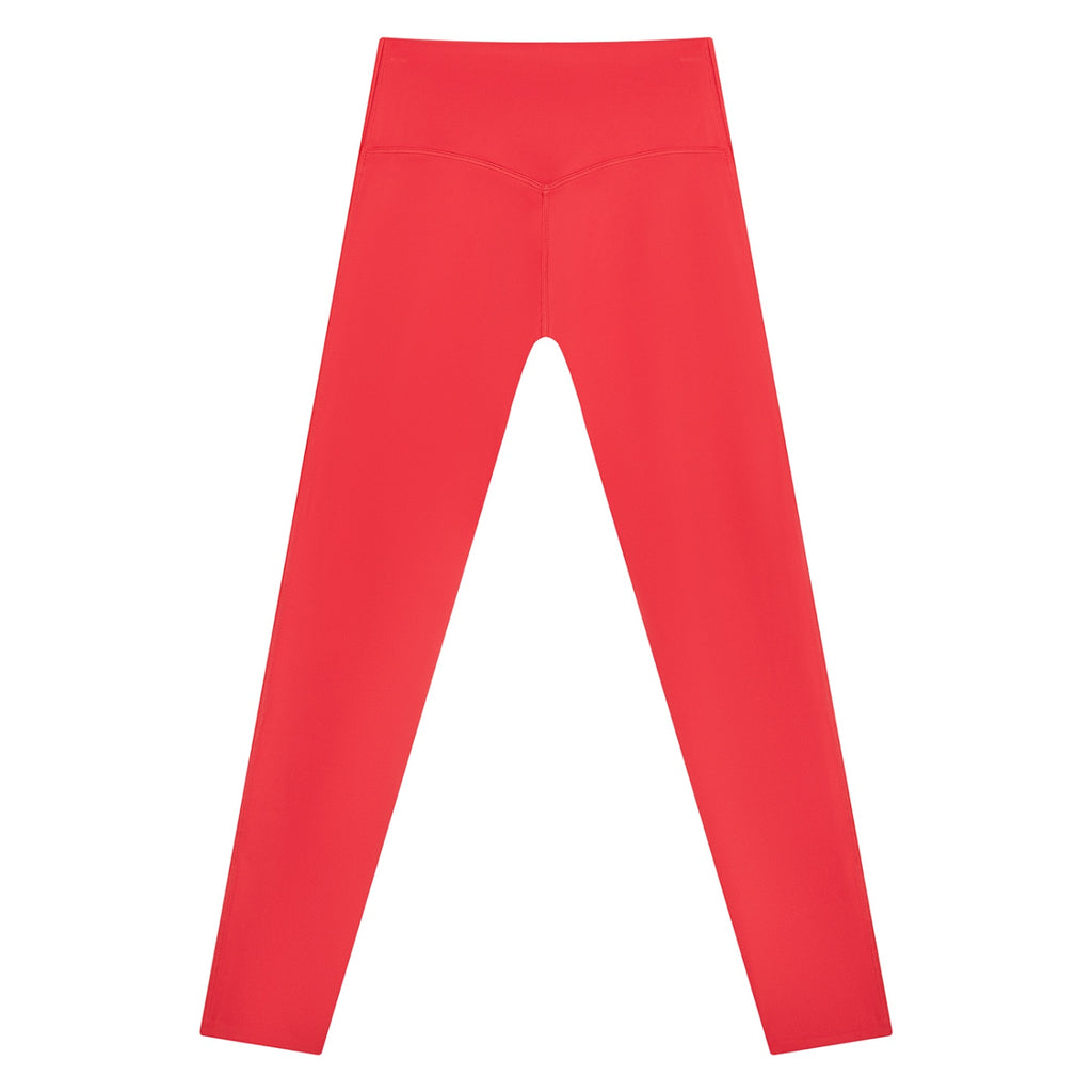 Anointed Garments high-waisted red athletic leggings with moisture-wicking four-way stretch fabric for gym workouts.