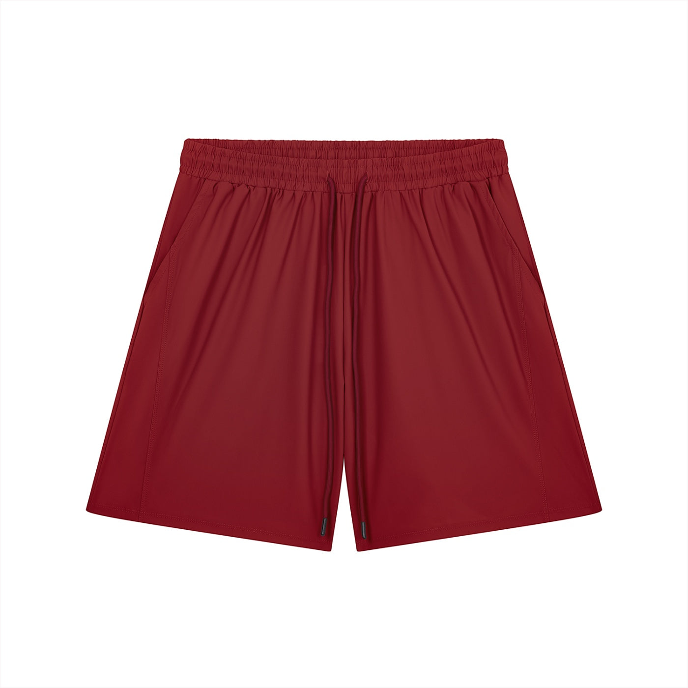 Anointed Garments red athletic performance shorts with an elastic drawstring waistband and side pockets.