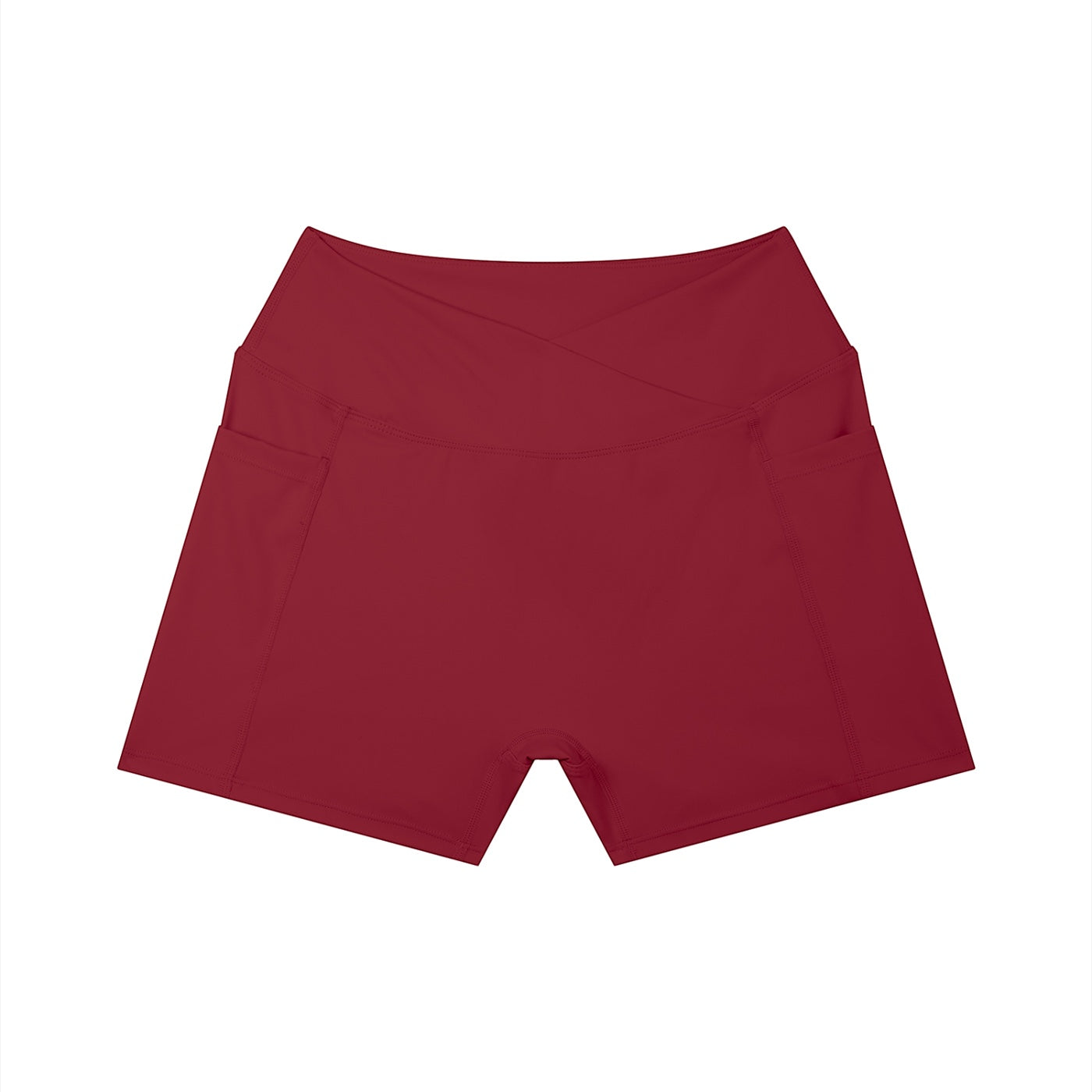Anointed Garments high-waisted athletic shorts in deep red with a crossover waistband and side pockets.