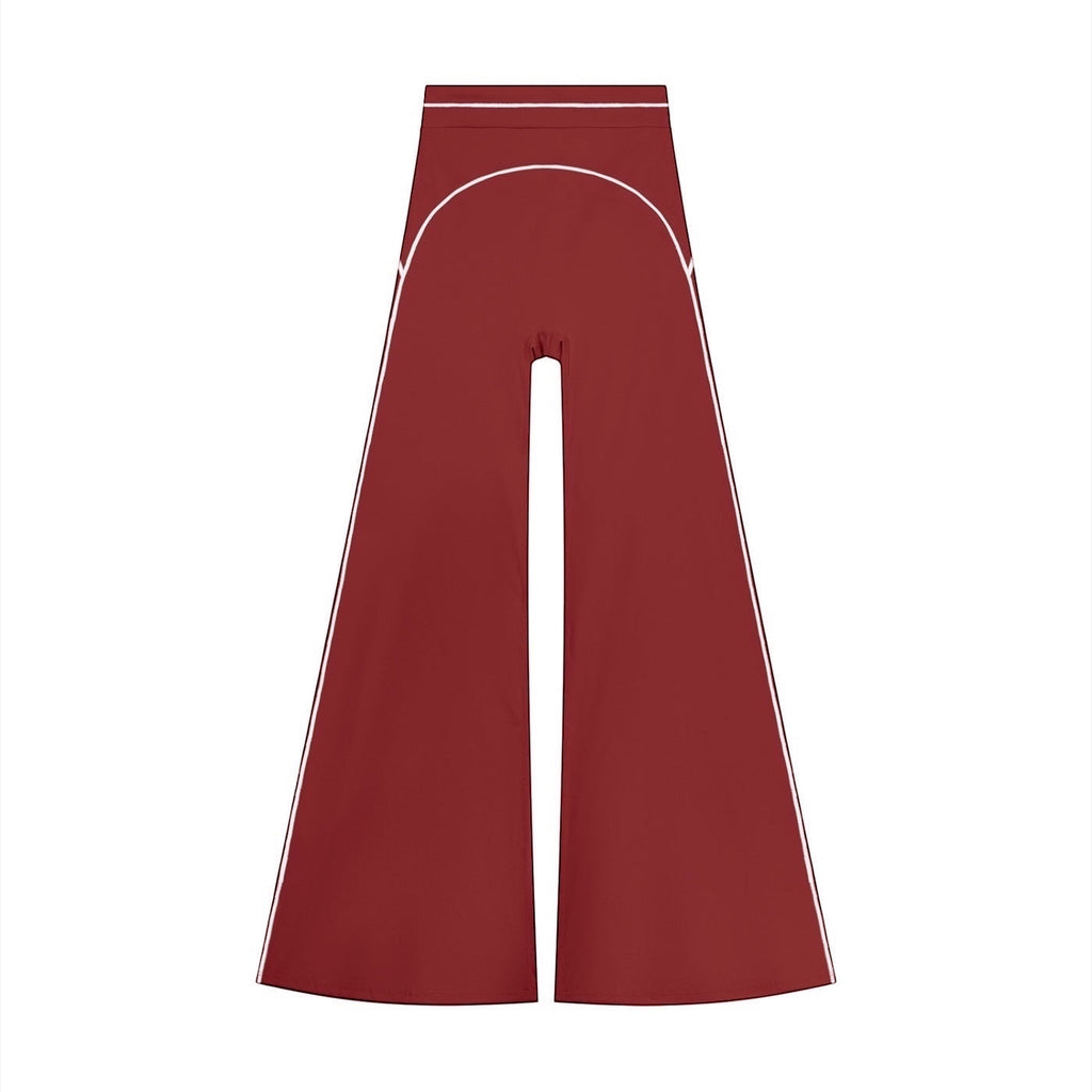 Anointed Garments high-rise flared yoga pants in deep red with white piping detail along the seams.
