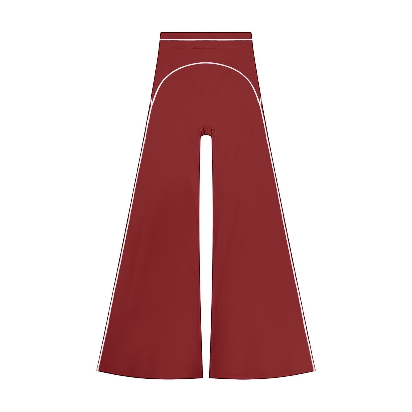 Anointed Garments high-rise flared yoga pants in deep red with white piping detail along the seams.