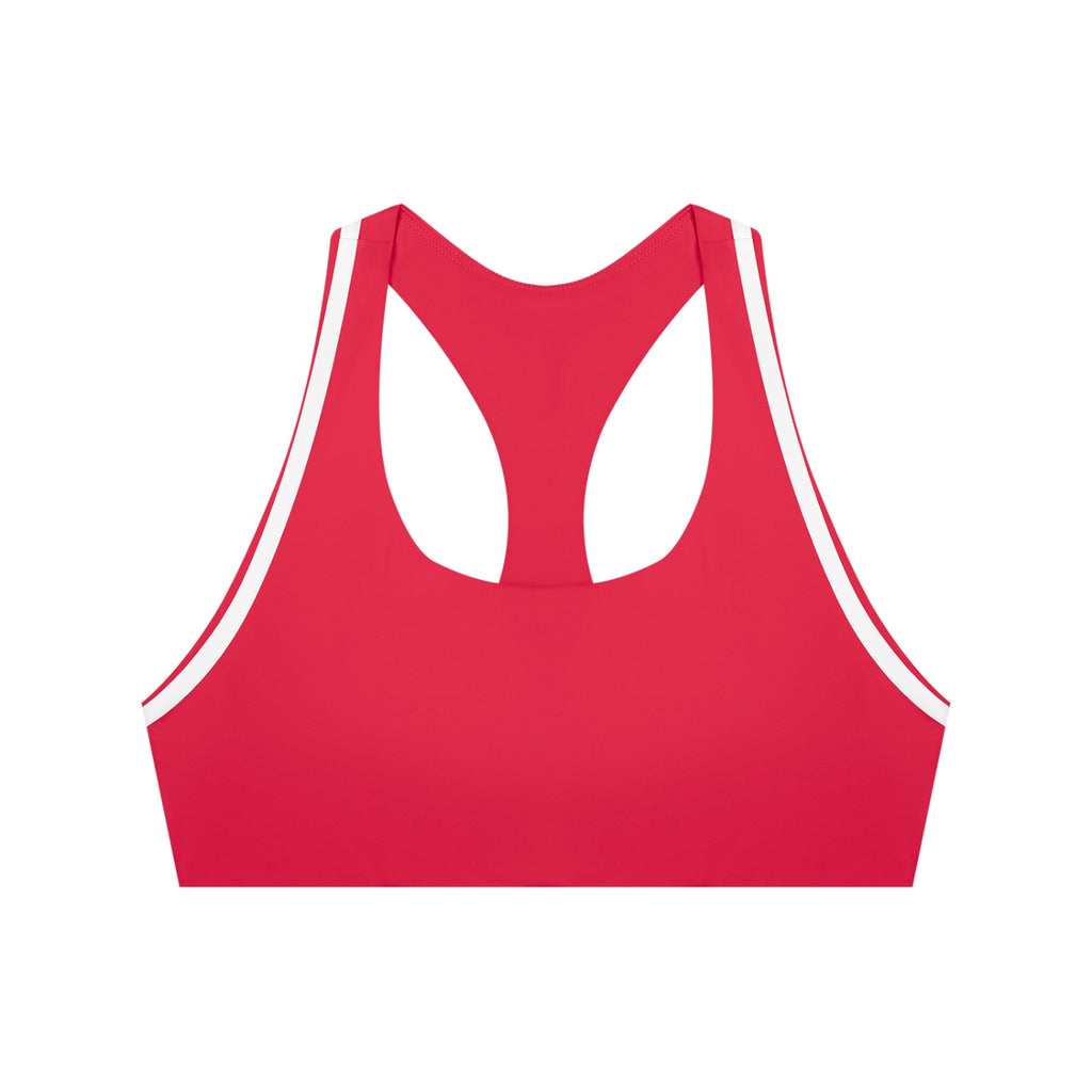 Anointed Garments red halter yoga sports bra with white trim, featuring a racerback design in polyester elastane.