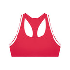 Anointed Garments red halter yoga sports bra with white trim, featuring a racerback design in polyester elastane.