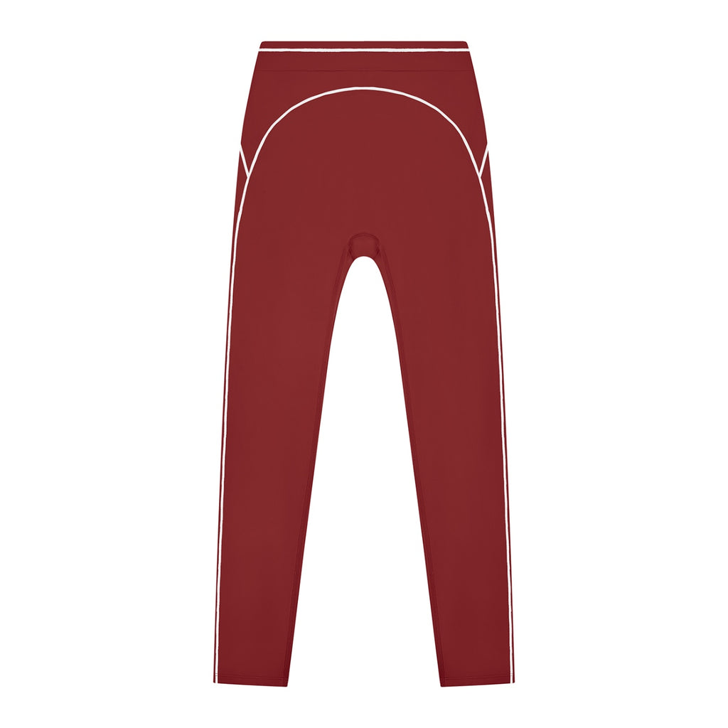 Anointed Garments women's high-rise leggings in deep red with white topstitching details for a sporty look.