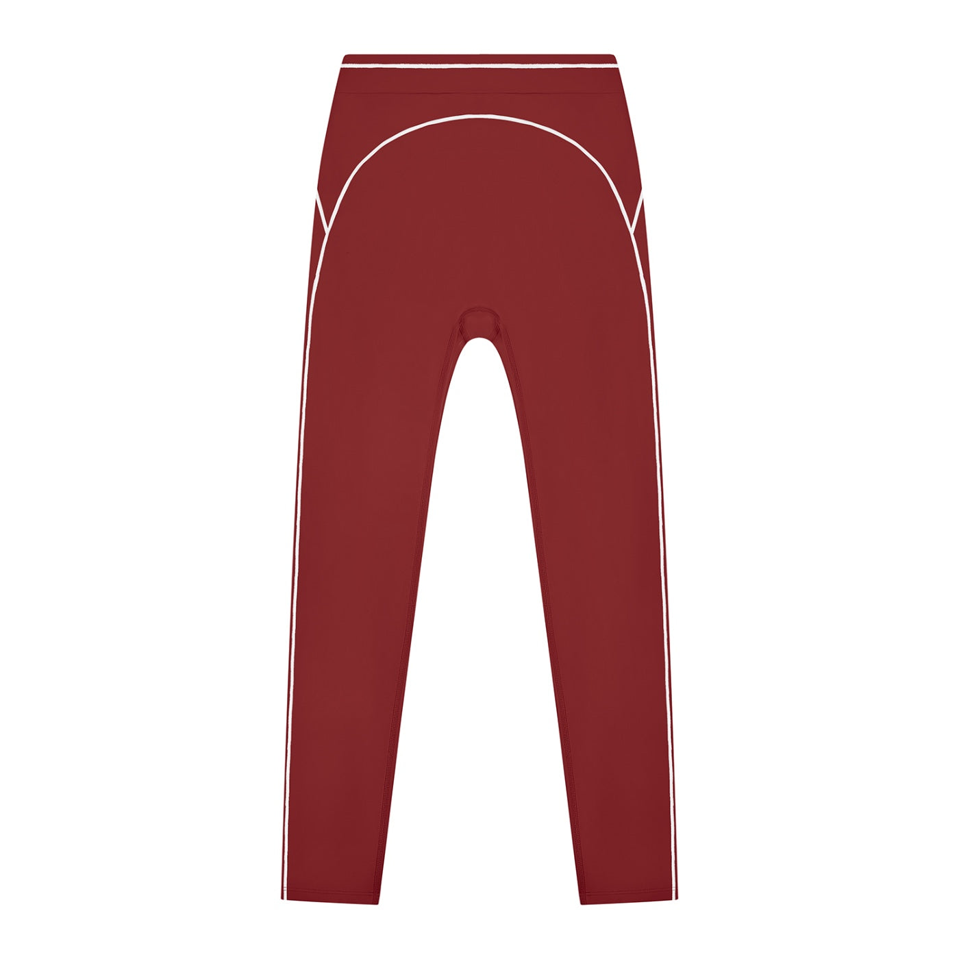 Anointed Garments women's high-rise leggings in deep red with white topstitching details for a sporty look.