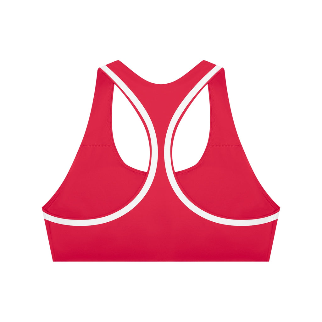 Anointed Garments red racerback sports bra with white contrast piping, moisture-wicking fabric for medium impact.