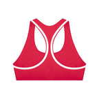 Anointed Garments red racerback sports bra with white contrast piping, moisture-wicking fabric for medium impact.