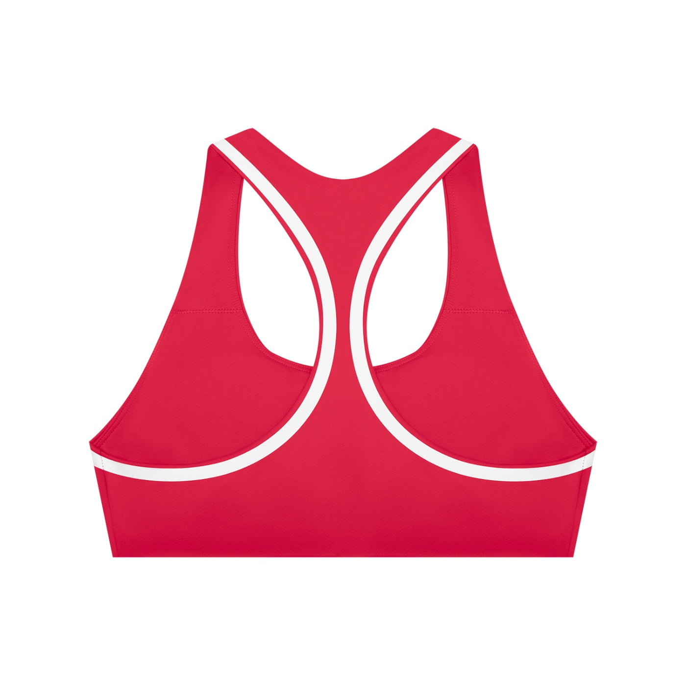 Anointed Garments red racerback sports bra with white contrast piping, moisture-wicking fabric for medium impact.