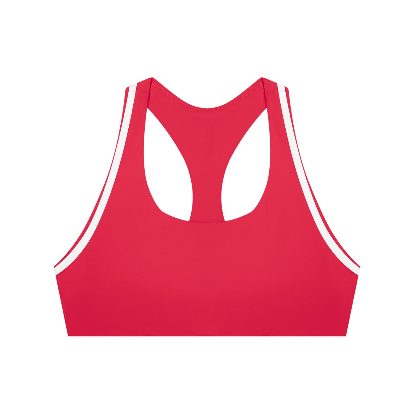 Anointed Garments red racerback sports bra with white contrast piping for medium-impact workouts.