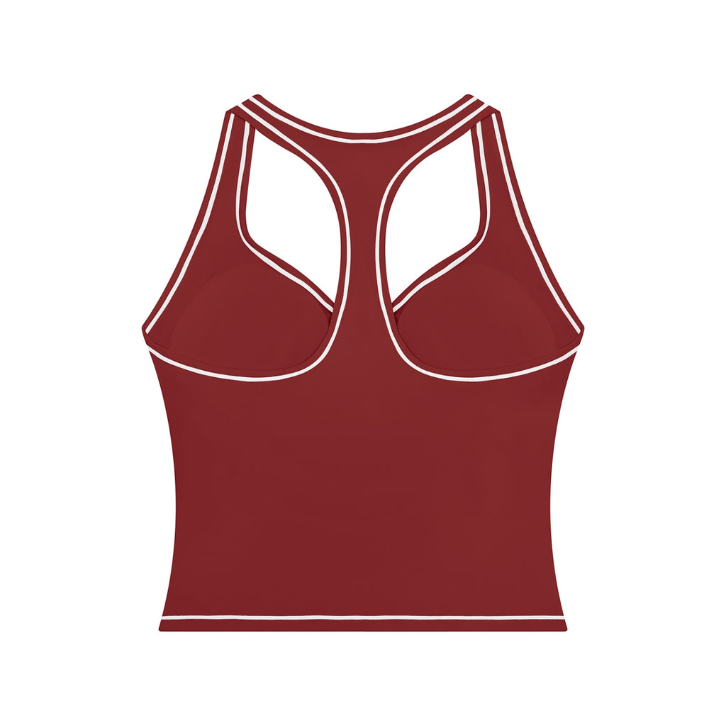 Anointed Garments dark red racerback performance tank top with white contrast piping and built-in support.