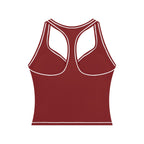 Anointed Garments dark red racerback performance tank top with white contrast piping and built-in support.
