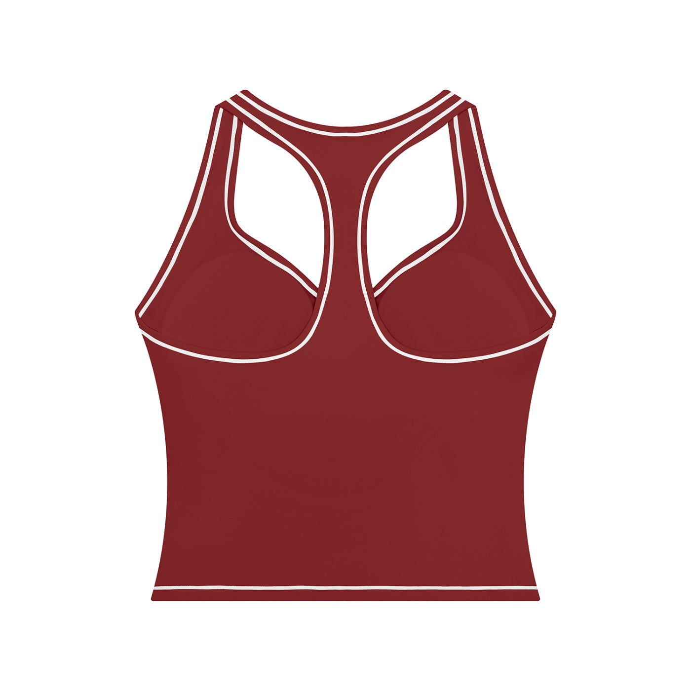 Anointed Garments dark red racerback performance tank top with white contrast piping and built-in support.