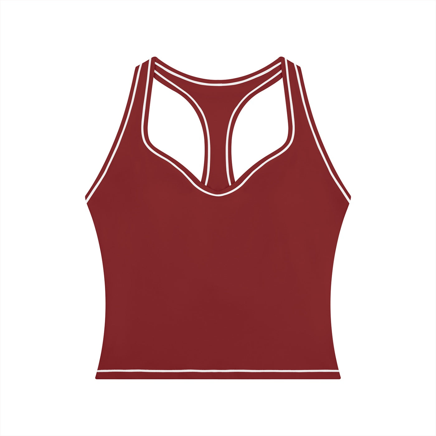Anointed Garments dark red racerback performance tank top with white contrast piping for gym and yoga workouts.