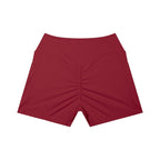 Anointed Garments high-waisted athletic shorts in deep red with a ruched back and side pockets for performance.