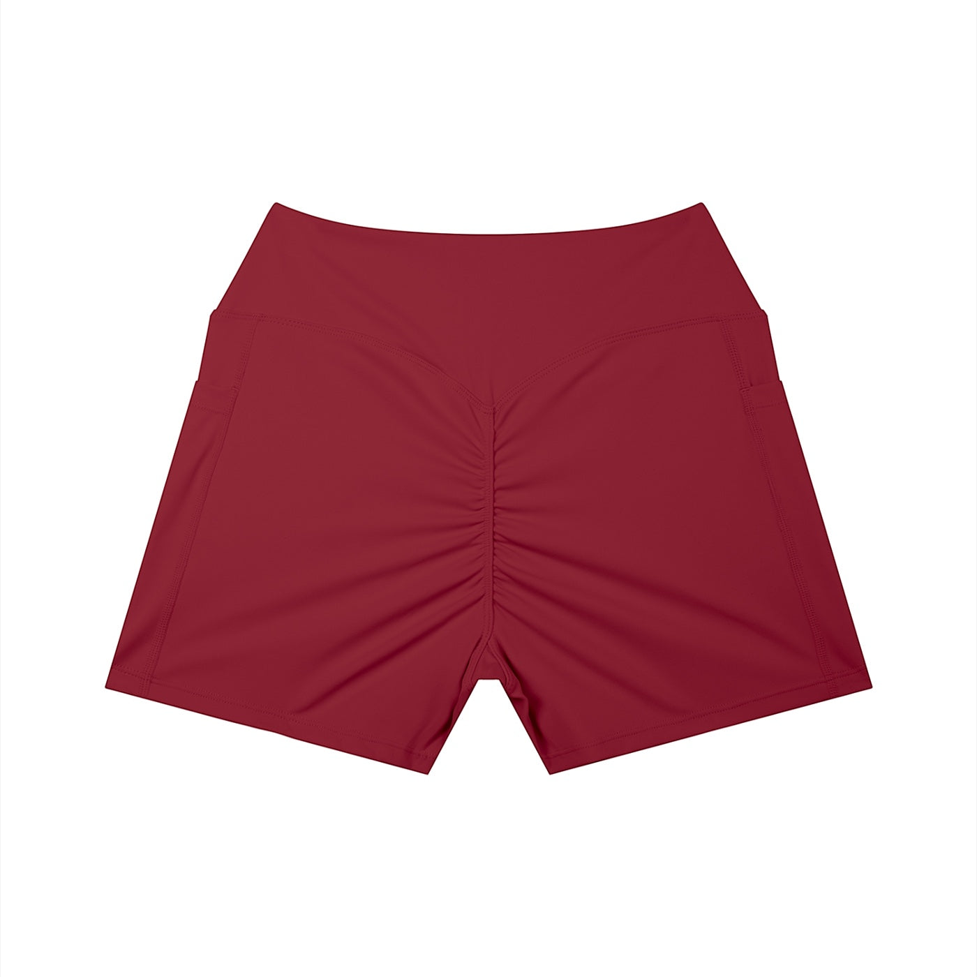 Anointed Garments high-waisted athletic shorts in deep red with a ruched back and side pockets for performance.