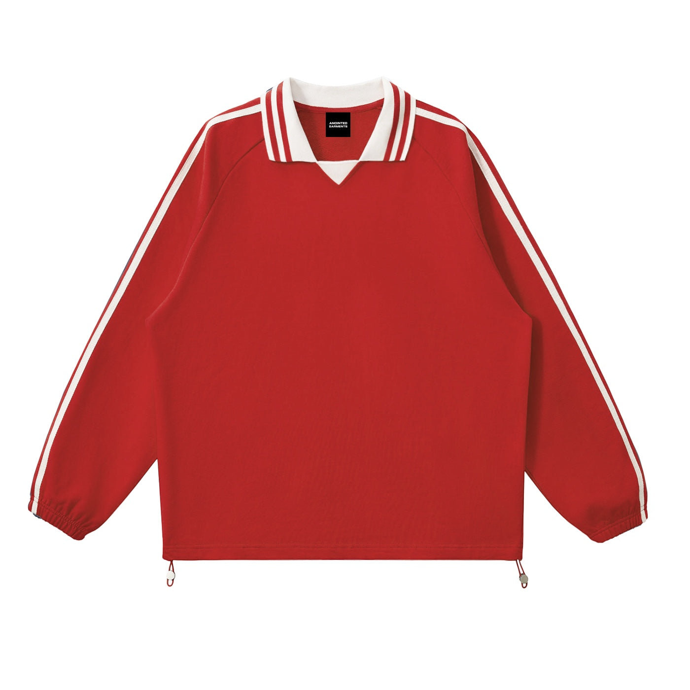 Anointed Garments red cotton pullover sweatshirt with a white striped polo collar and athletic sleeve stripes.