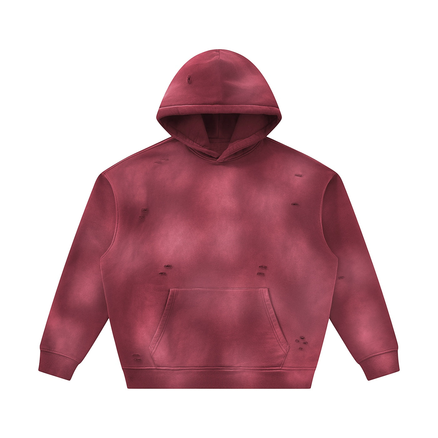 Anointed Garments unisex sunfade fleece hoodie in deep red with a vintage washed finish, frayed details, and pocket.