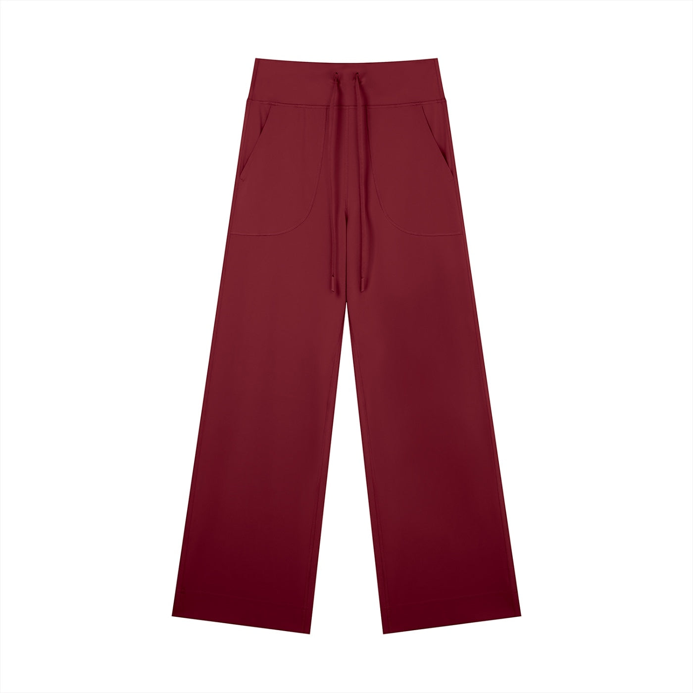 Anointed Garments wide leg lounge pants in deep red with a high-rise drawstring waistband and functional side pockets.