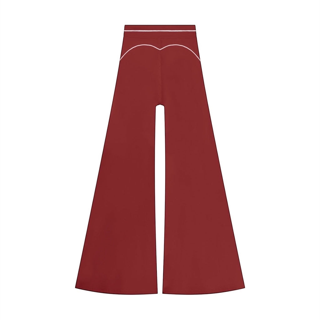 Anointed Garments high-waisted wide-leg trousers in deep red with white contrast piping detail.
