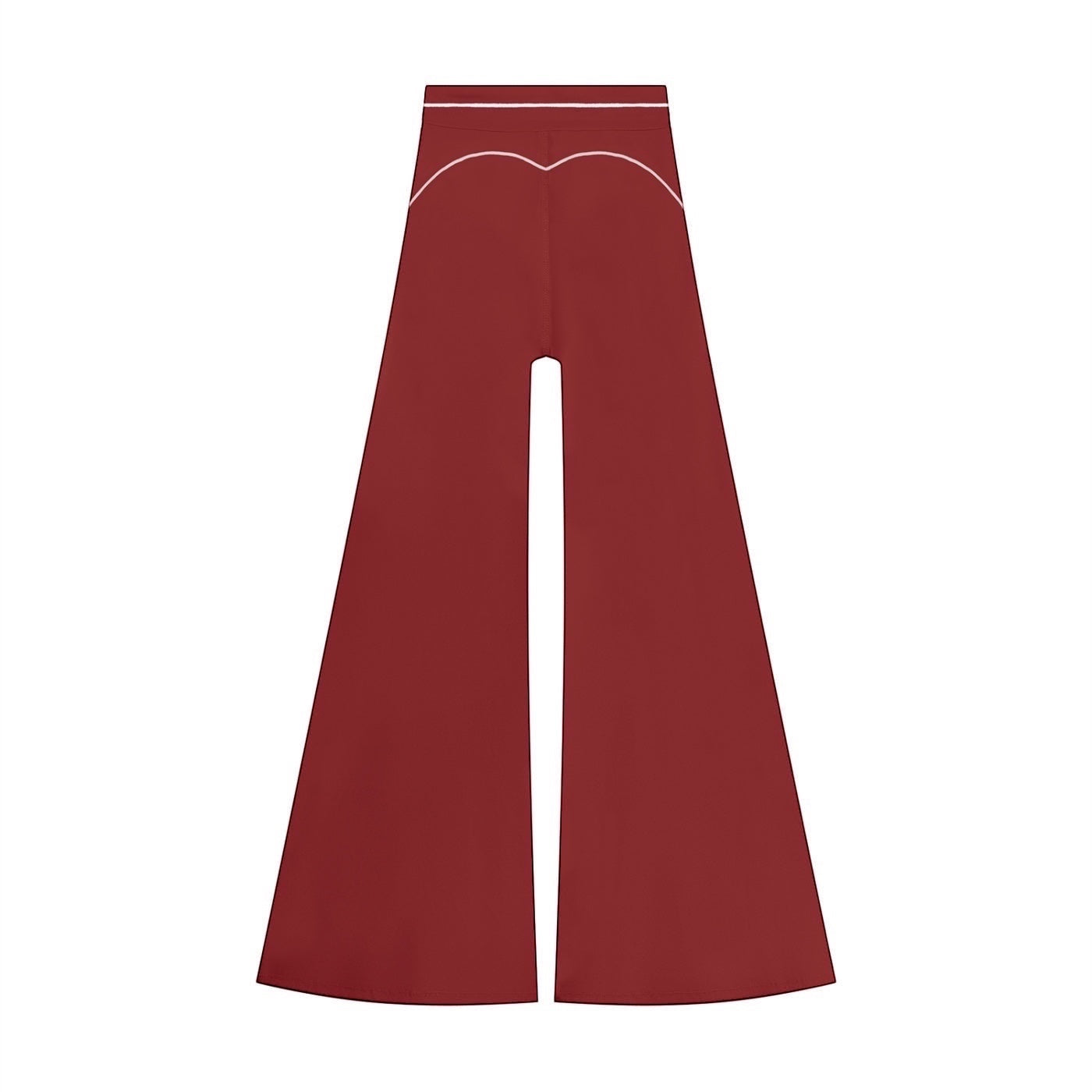 Anointed Garments high-waisted wide-leg trousers in deep red with white contrast piping detail.