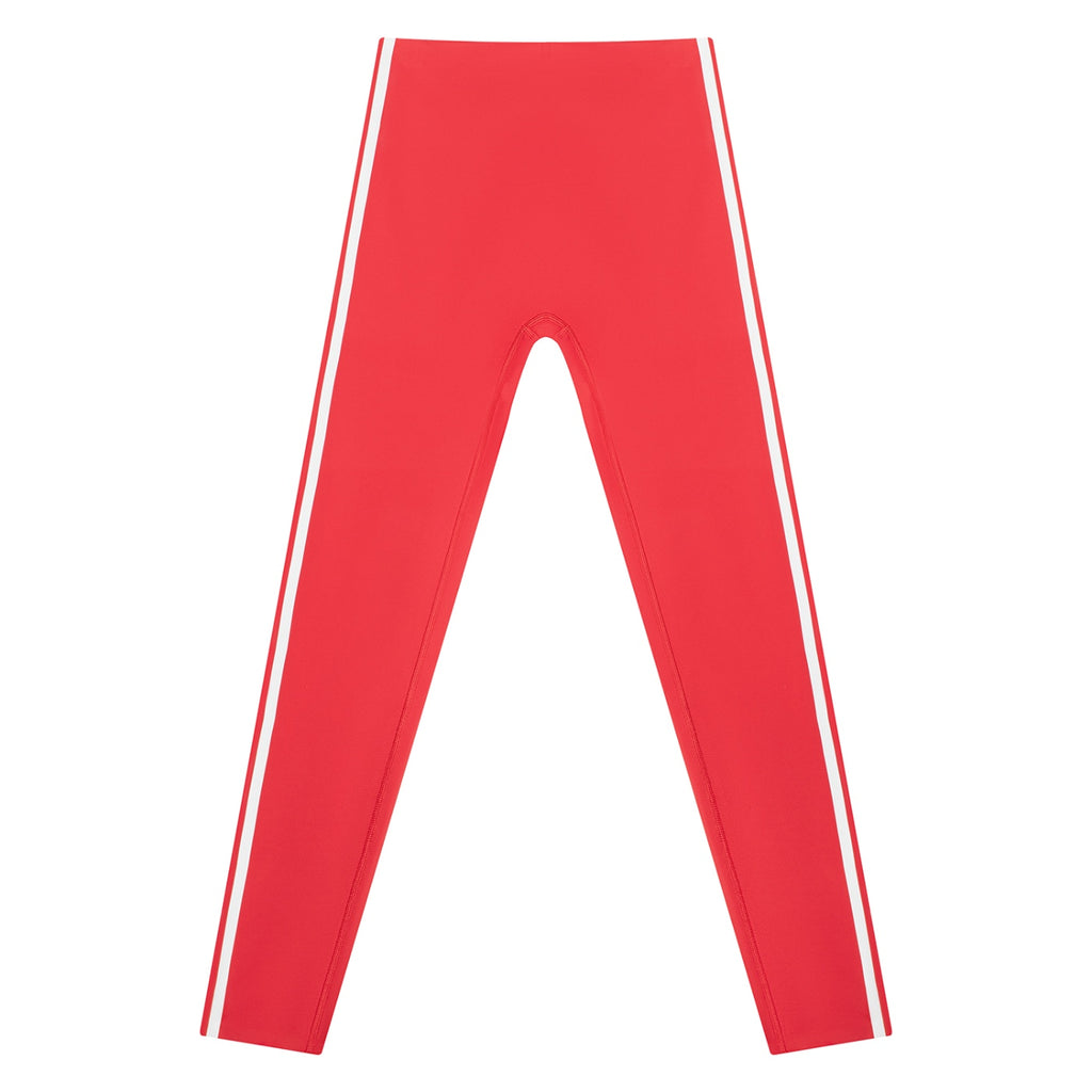 Anointed Garments high-rise ankle-length yoga leggings in bright red with white side stripes, made of polyester blend.