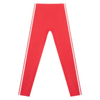 Anointed Garments high-rise ankle-length yoga leggings in bright red with white side stripes, made of polyester blend.
