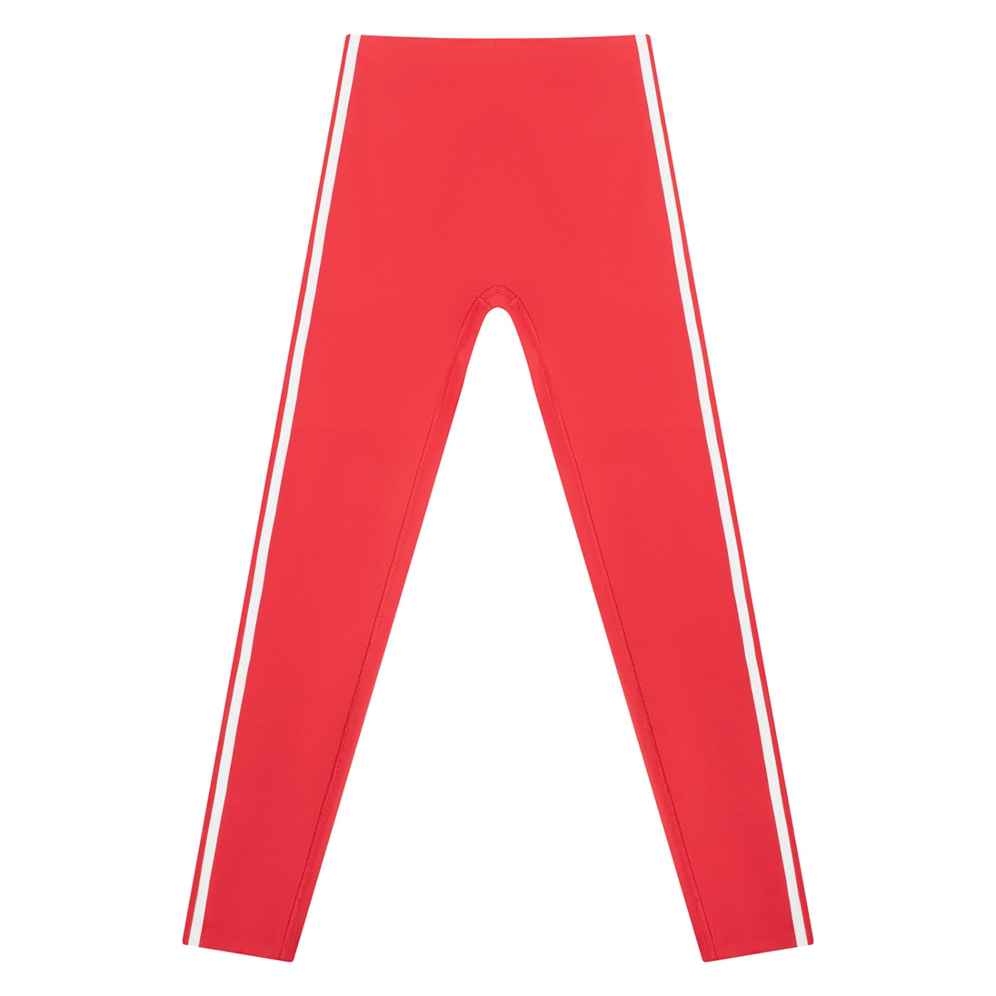 Anointed Garments high-rise ankle-length yoga leggings in bright red with white side stripes, made of polyester blend.