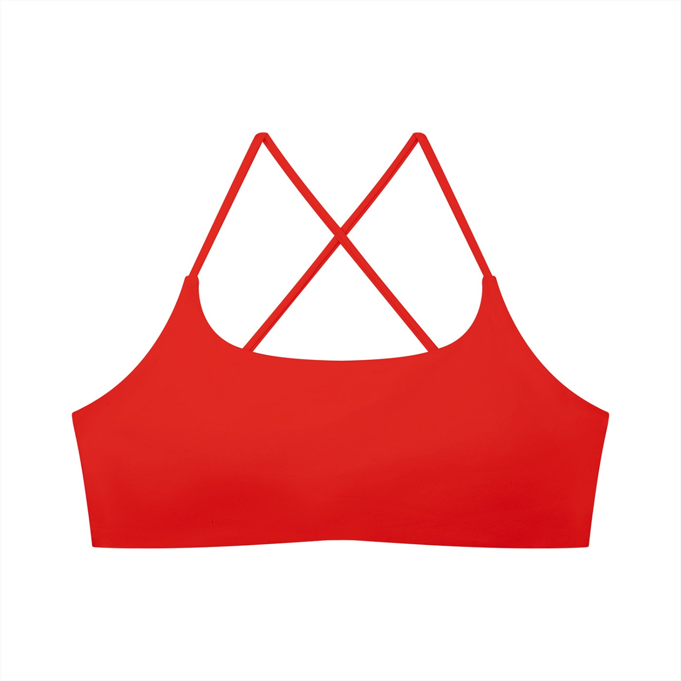 Anointed Garments red U-neck sports bra with thin crisscross straps, made from nylon and spandex for gym.