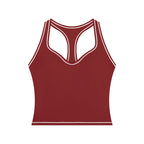 Anointed Garments women's dark red yoga tank top with white contrast topstitching and a racerback design.
