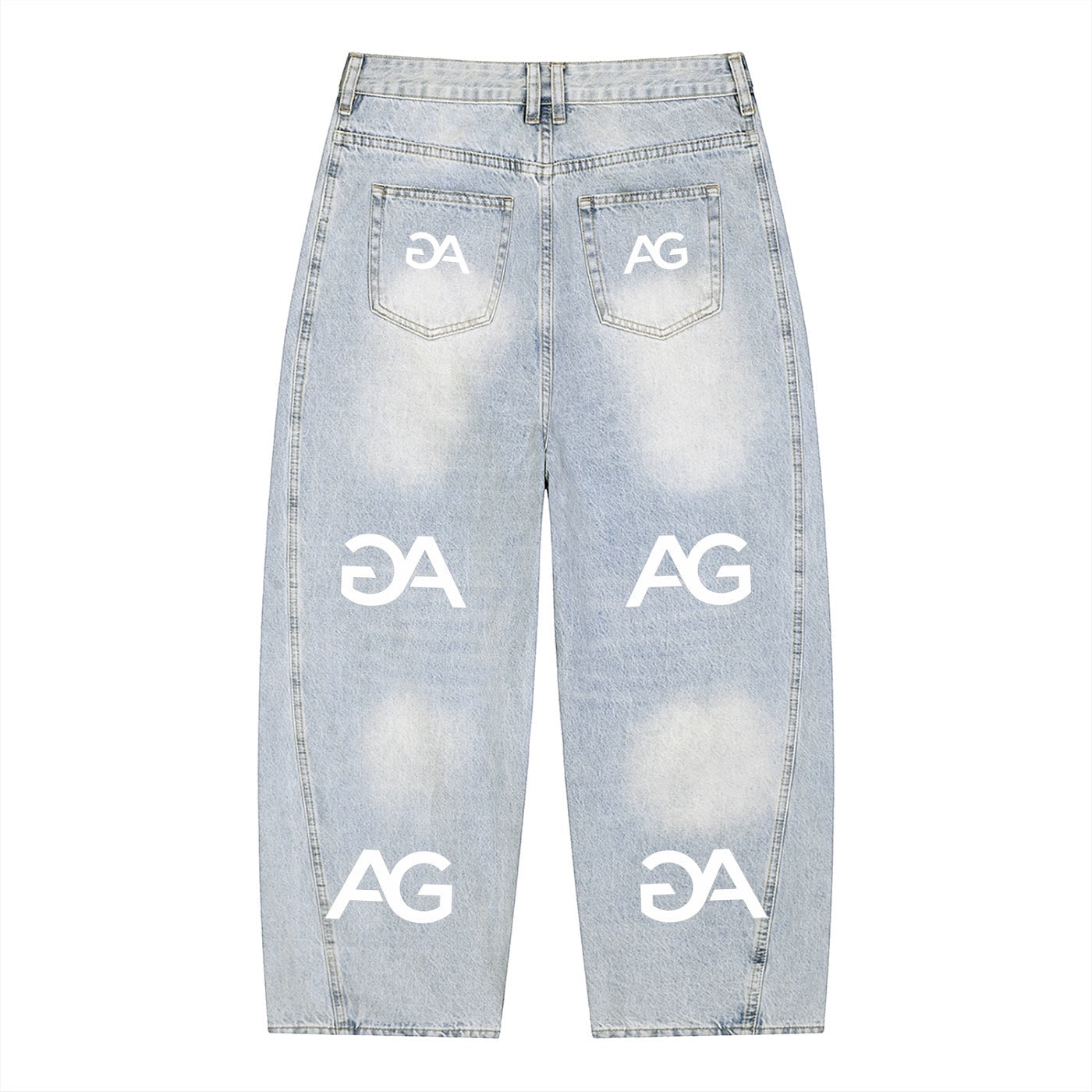 Anointed Garments relaxed fit light-wash denim jeans with repeating white AG logo print and wide-leg silhouette