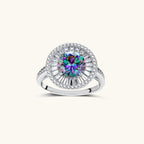 Anointed Garments round cut halo statement ring featuring a iridescent moissanite stone in platinum-plated silver.